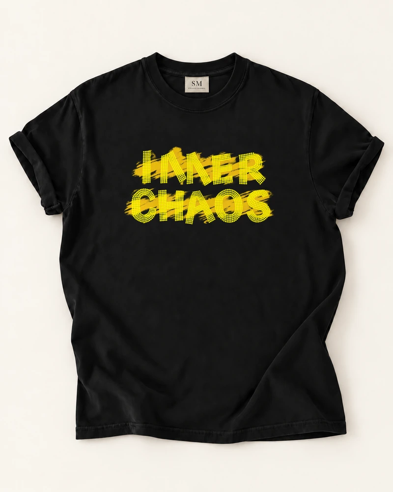 Black T-shirt with inner chaos yellow dot front print