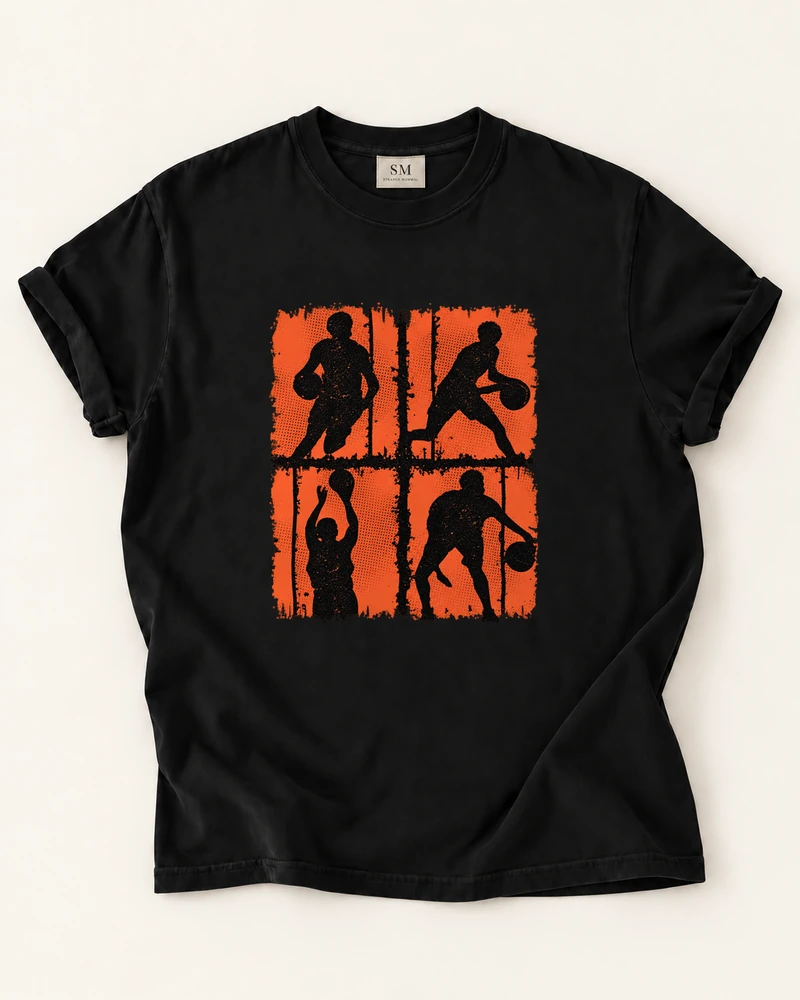 Black T-shirt with four moves basketball silhouette front print