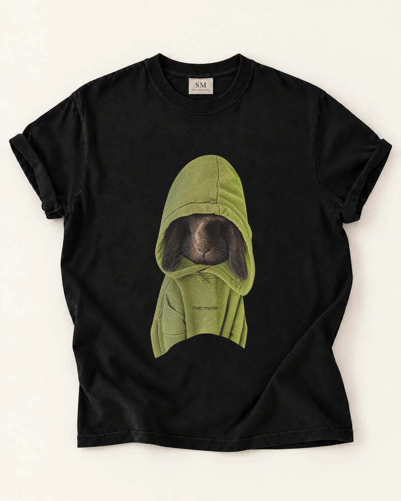 Black T-shirt with nap mode hoodie rabbit front print