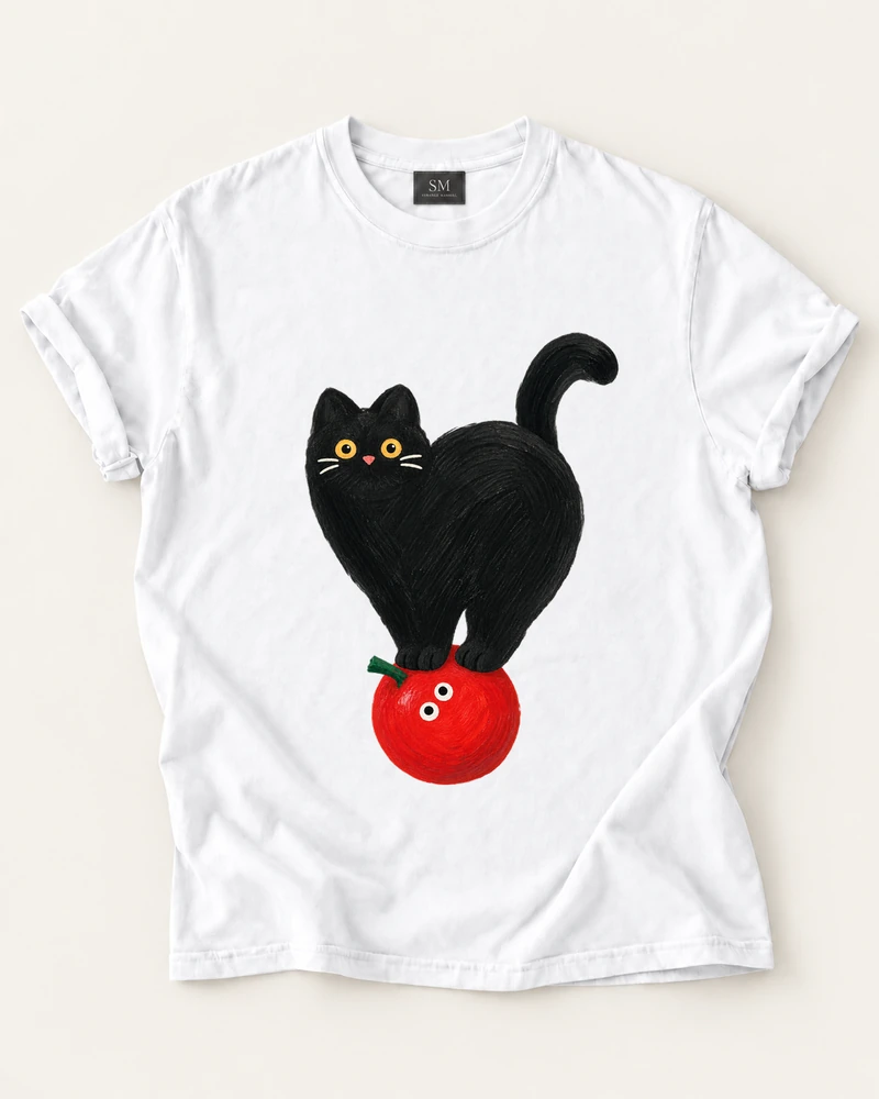 White T-shirt with tomato balance black cat front print