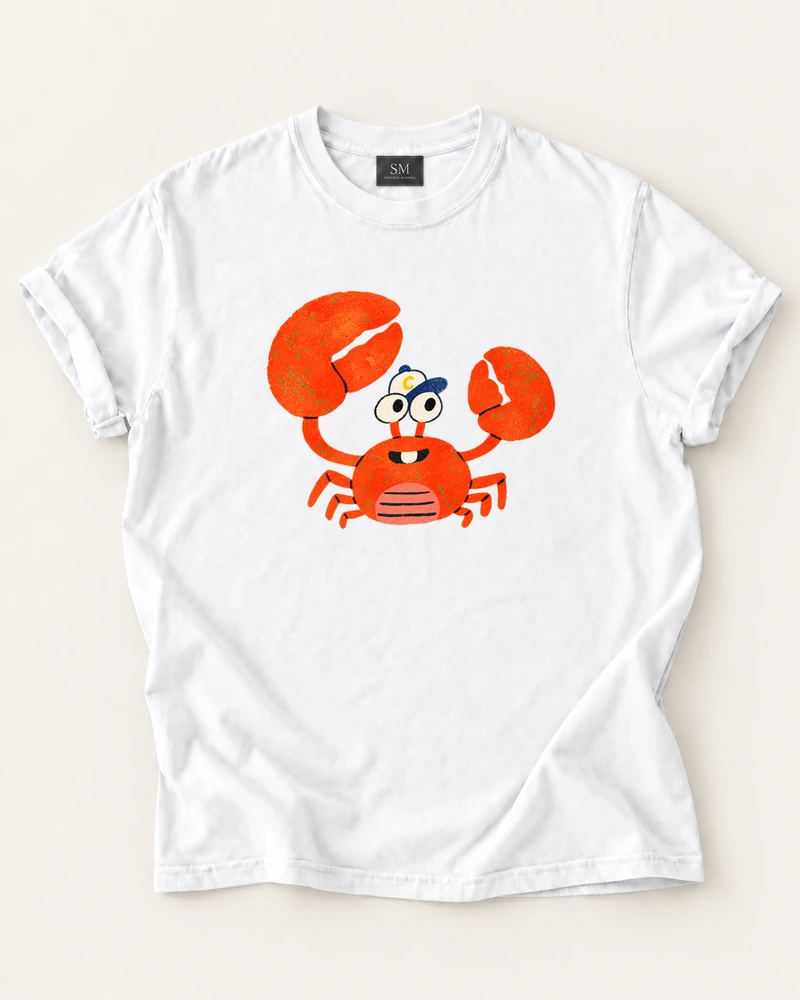 White T-shirt with cap wearing crab front print
