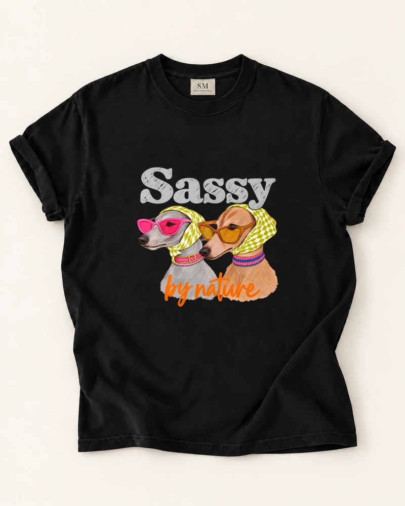 Black T-shirt with sassy by nature scarf dogs front print