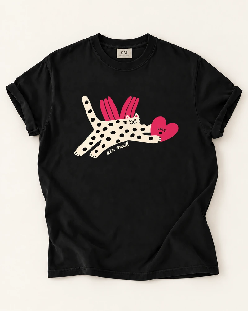 Black T-shirt with love air mail flying cat front print