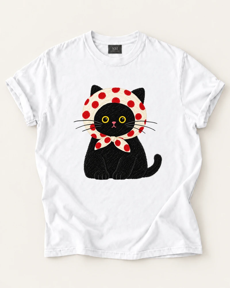 White T-shirt with polka dot headscarf cat front print