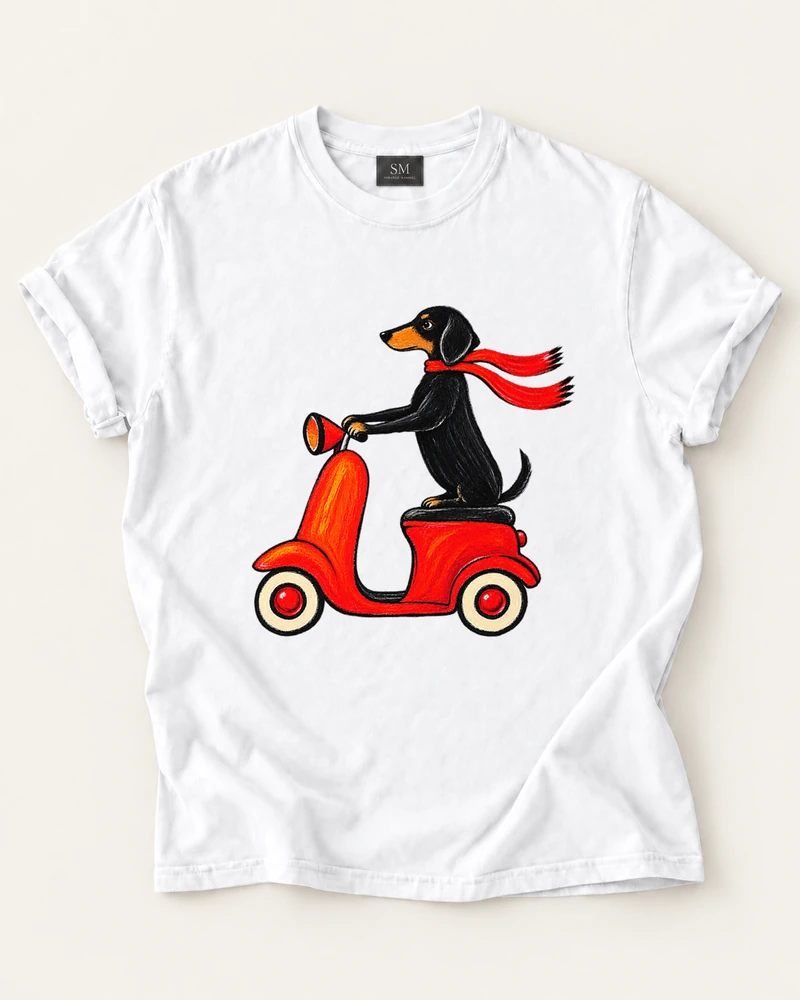 White T-shirt with red scooter dachshund front print