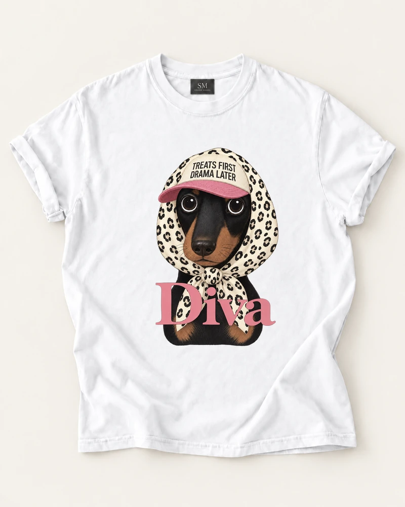 White T-shirt with treats first dachshund diva front print