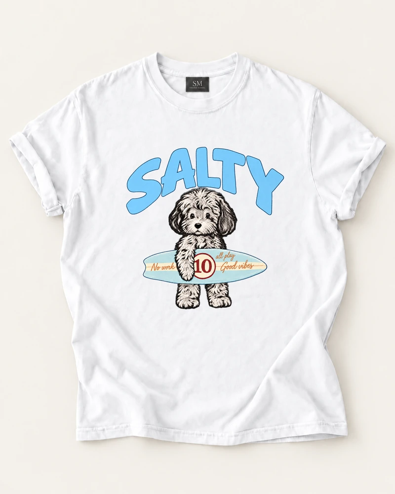 White T-shirt with salty surfboard puppy front print