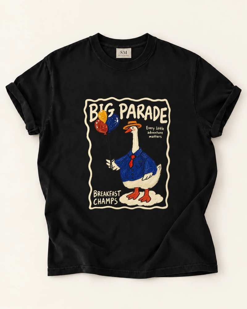 Black T-shirt with breakfast champs goose parade front print