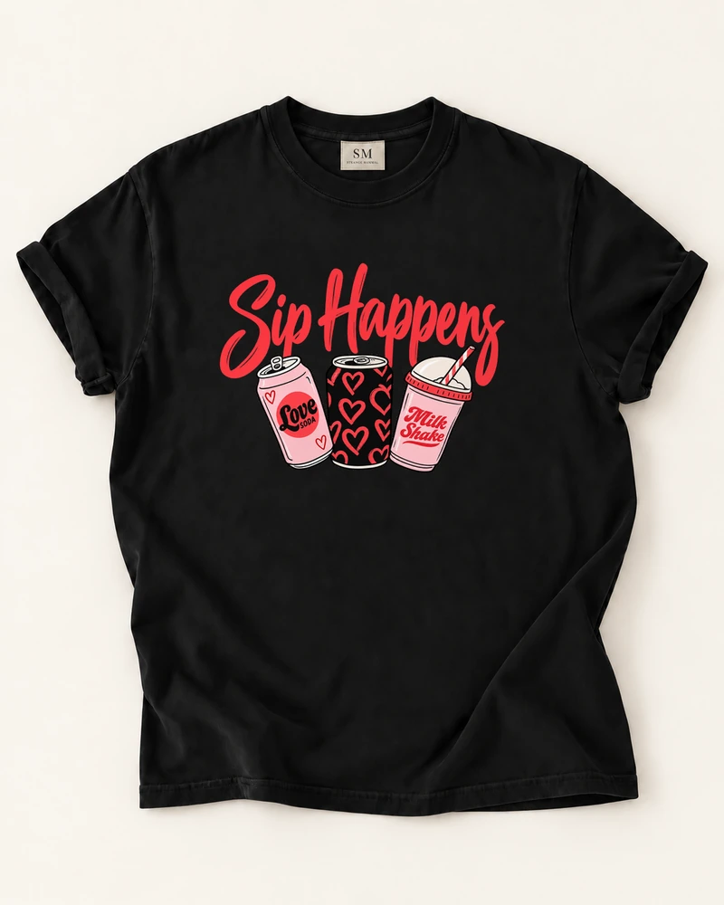 Black T-shirt with sip happens retro drinks front print