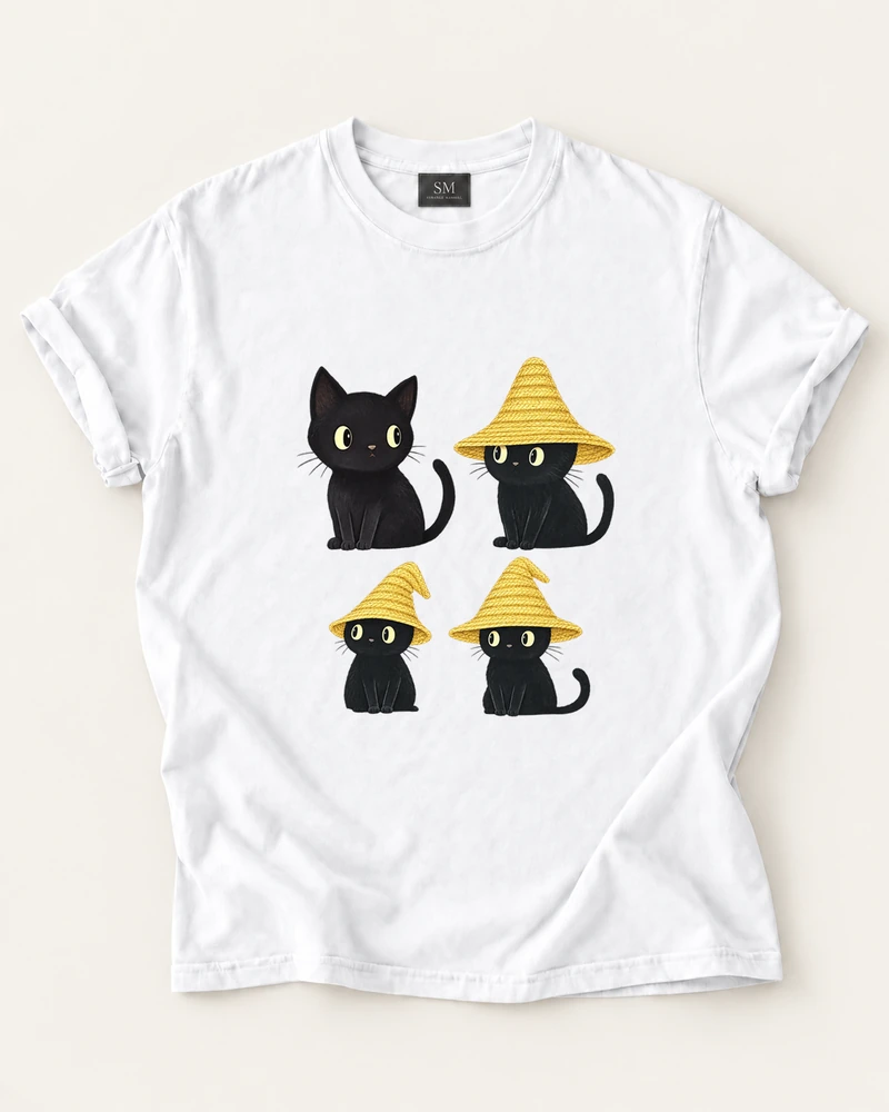White T-shirt with yellow hat cat quartet front print