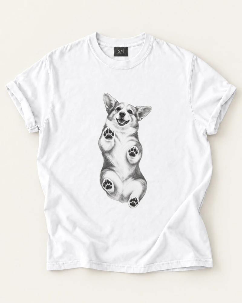 White T-shirt with corgi belly up front print