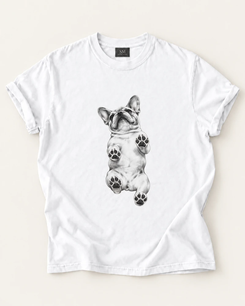 White T-shirt with frenchie belly up front print