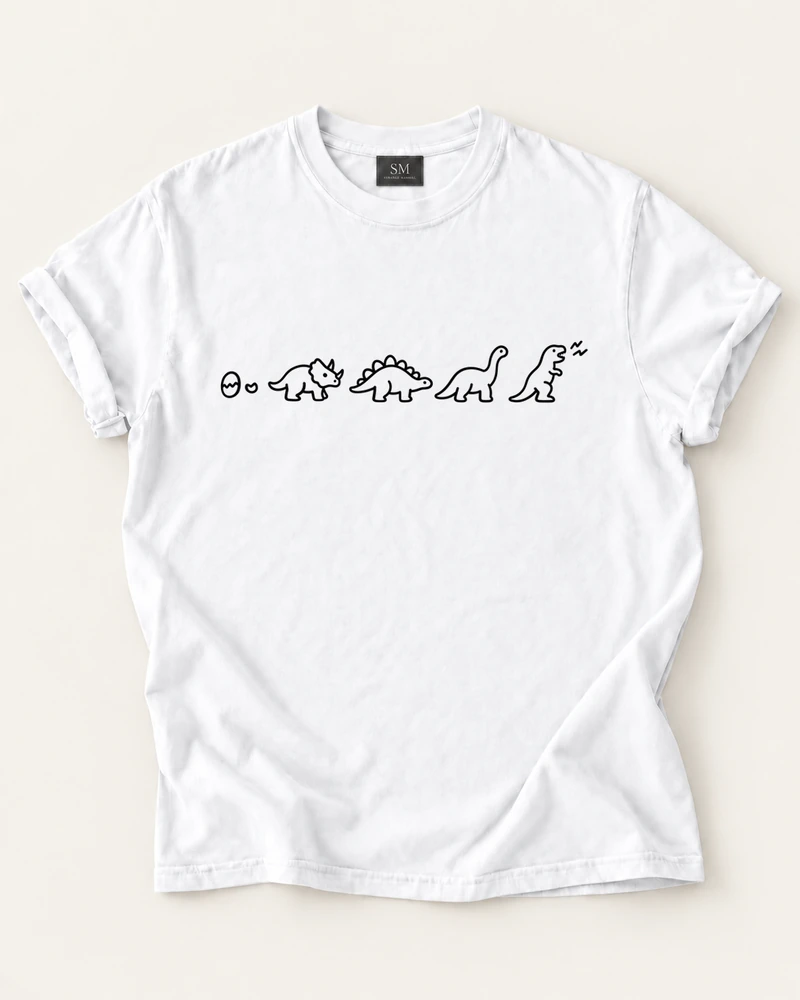 White T-shirt with little dinosaur lineup front print