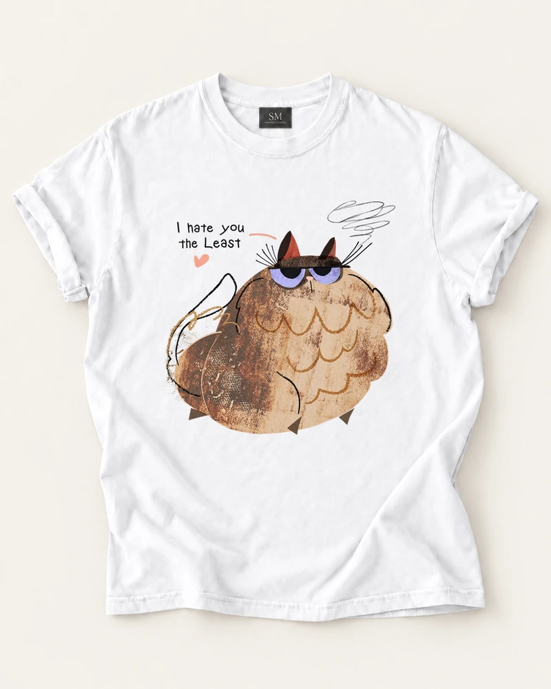 White T-shirt with i hate you the least cat front print