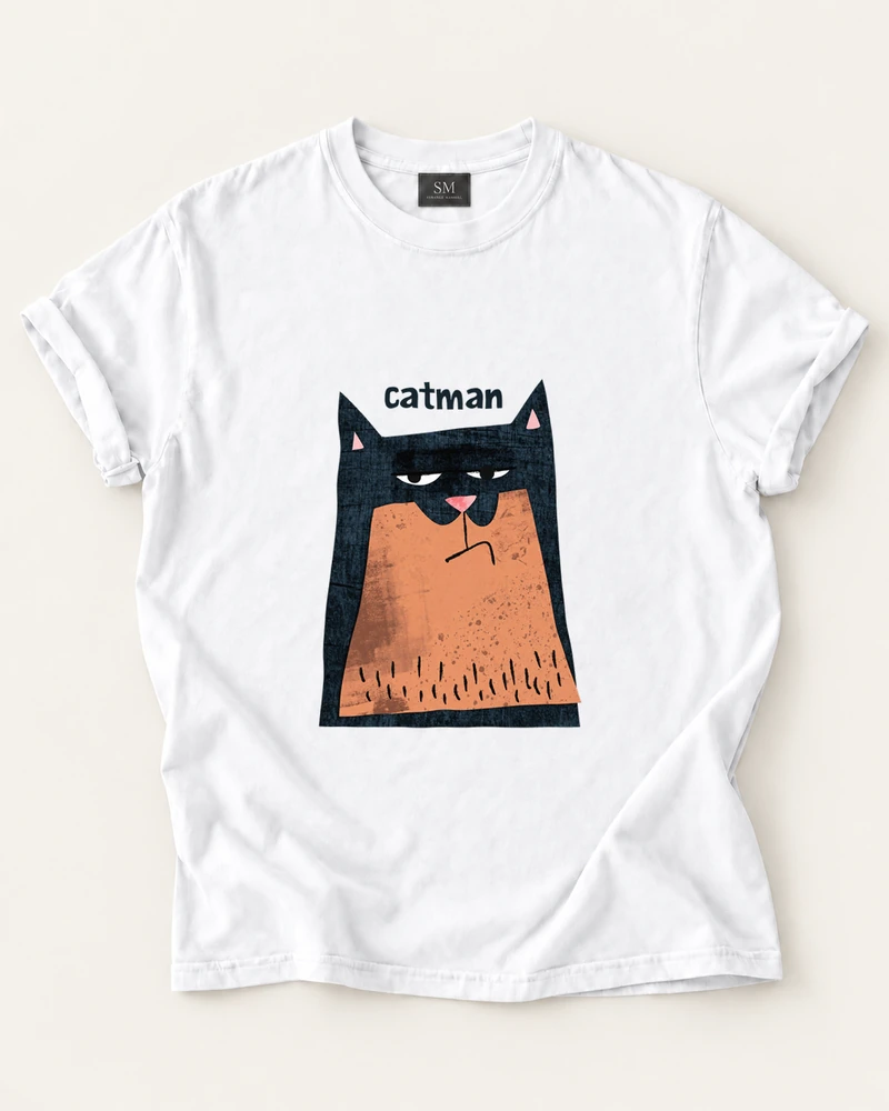 White T-shirt with catman masked cat front print