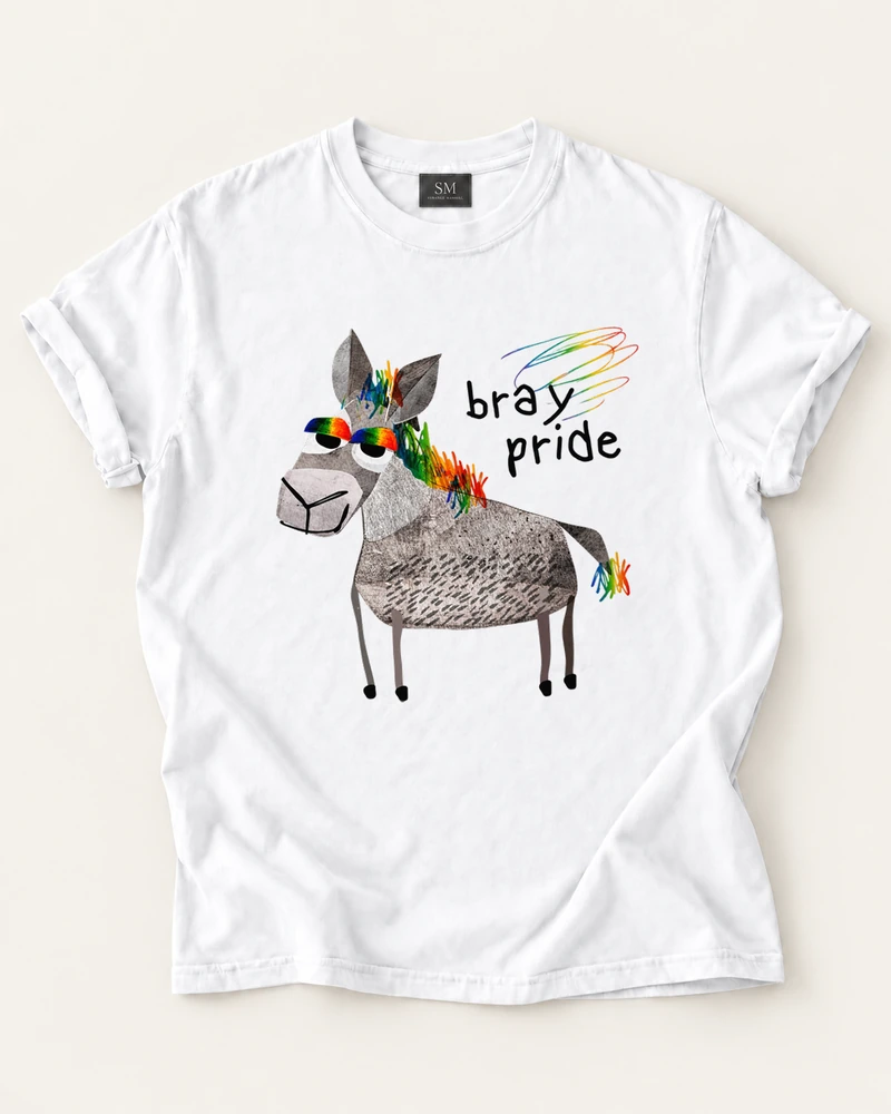 White T-shirt with bray pride rainbow donkey front print