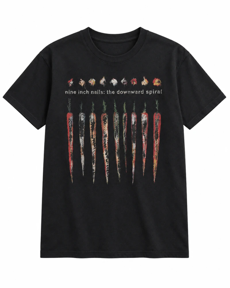 Black cotton T-shirt with carrot and emblem artwork on front and back