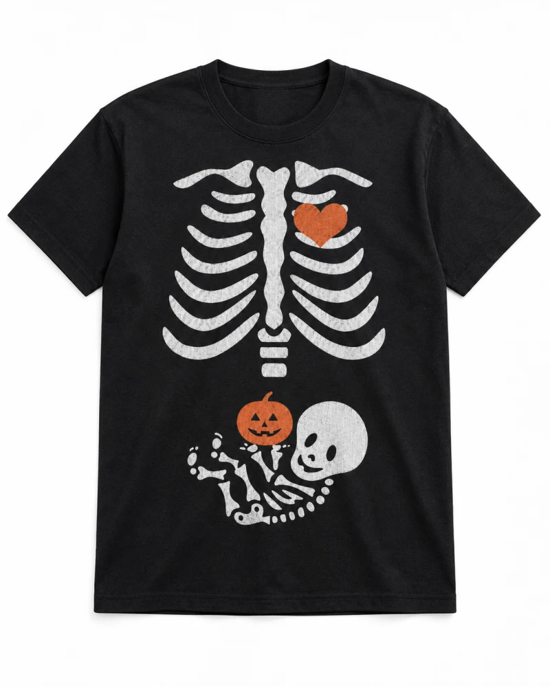 Black cotton T-shirt with ribcage and baby skeleton halloween front print