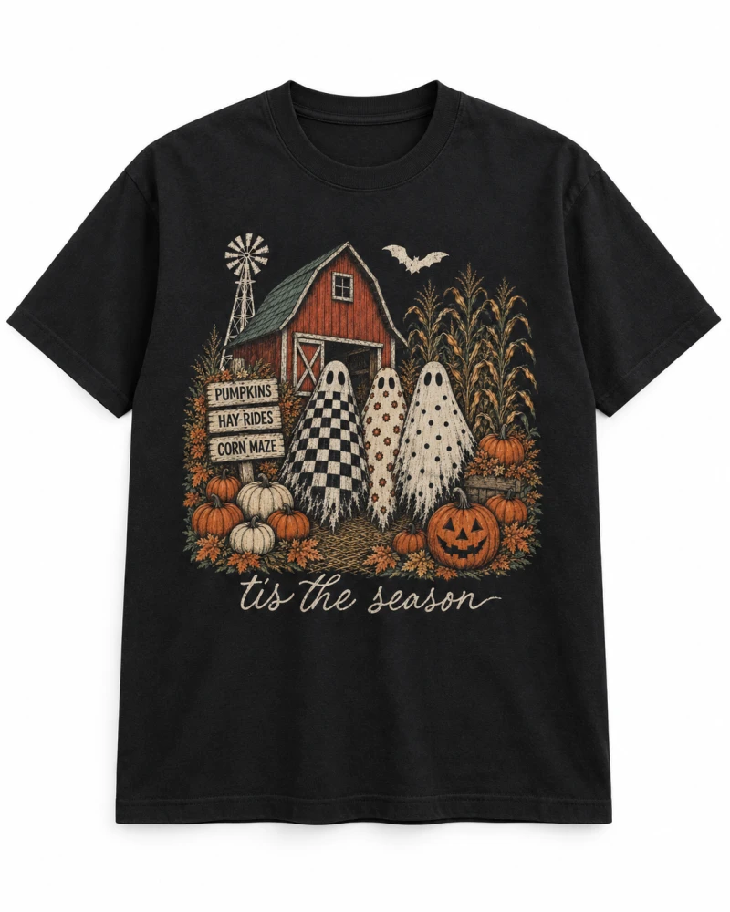 Black cotton T-shirt with ghosts, pumpkins and autumn farm front print
