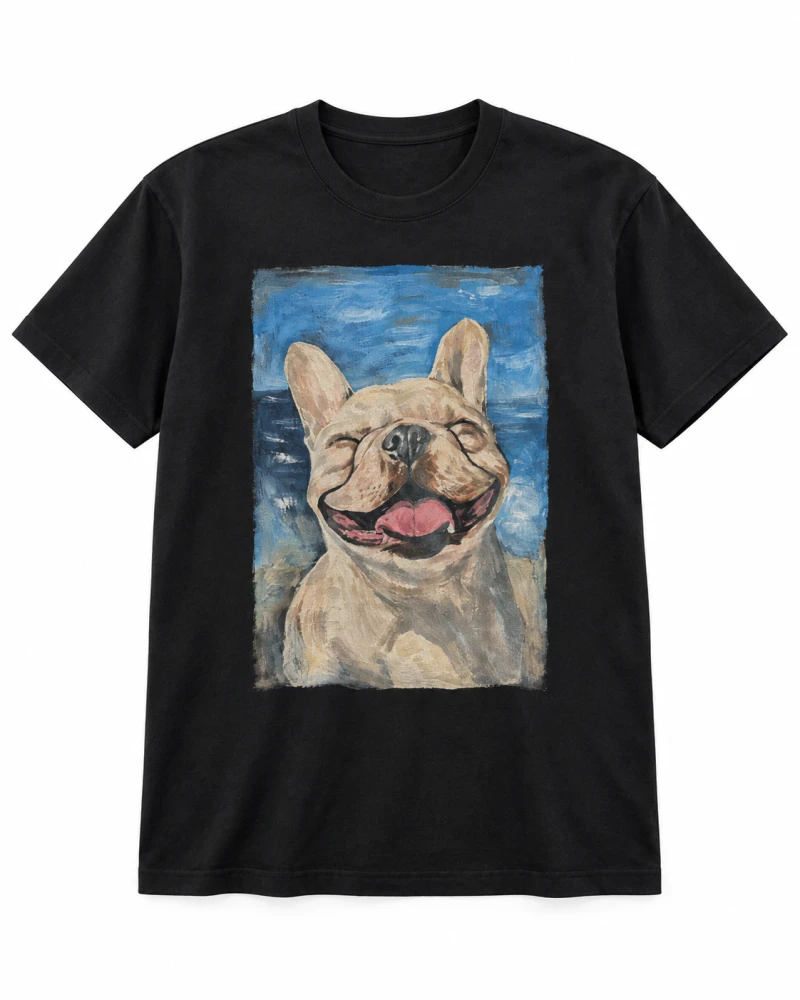 Black cotton T-shirt with painterly french bulldog portrait front print