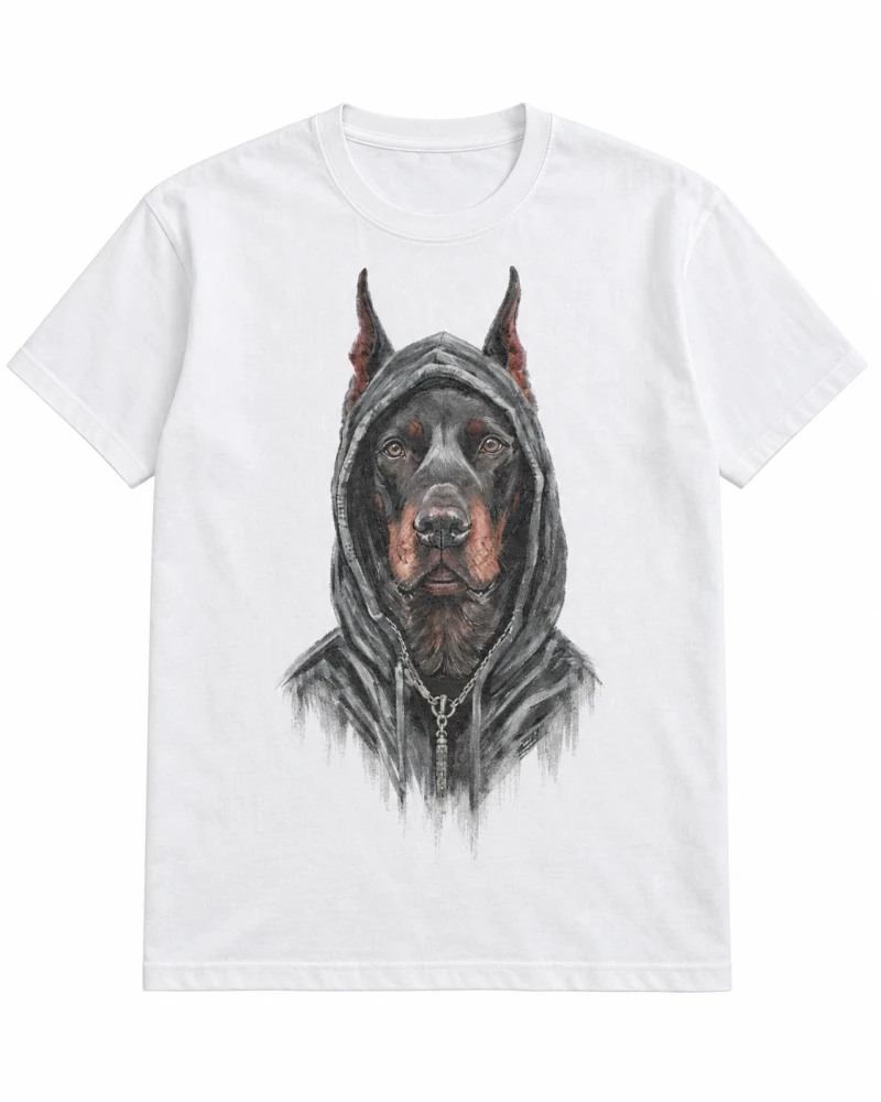 White cotton T-shirt with hooded doberman portrait front print
