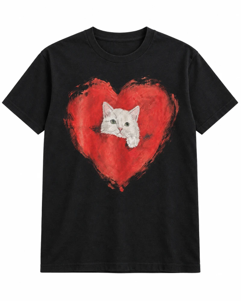 Black cotton T-shirt with white kitten and red painted heart front print