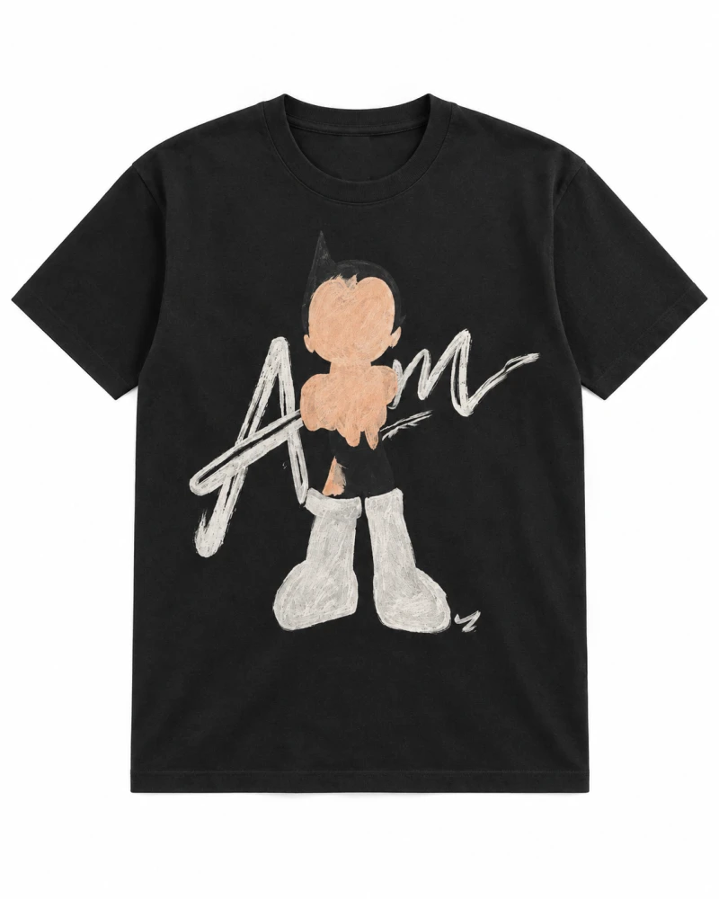 Black cotton T-shirt with painted cartoon figure and white strokes front print