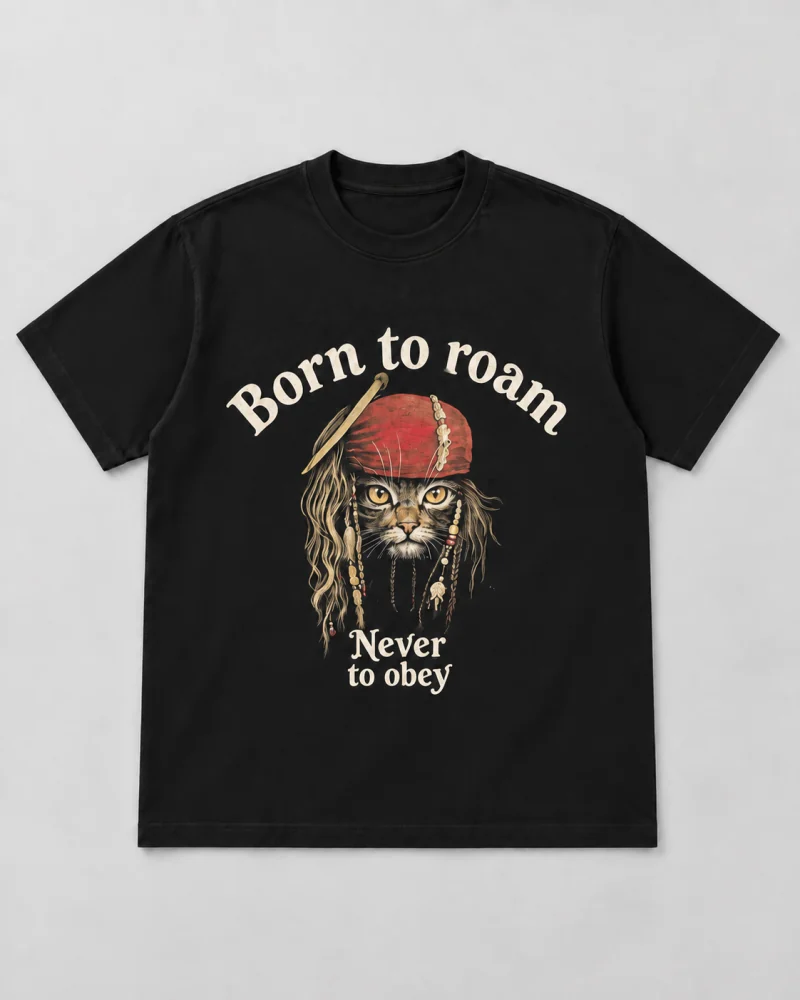 Black cotton Born to Roam Pirate Cat Graphic T-Shirt