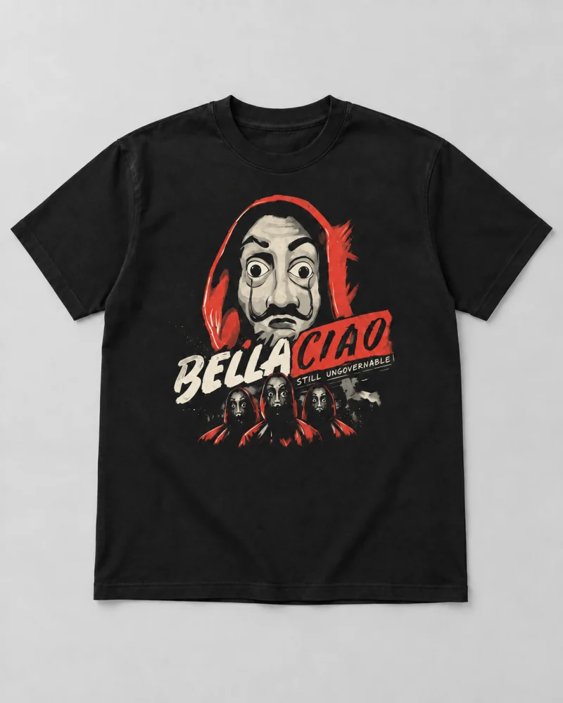 Black cotton Bella Ciao Mask Graphic T-Shirt