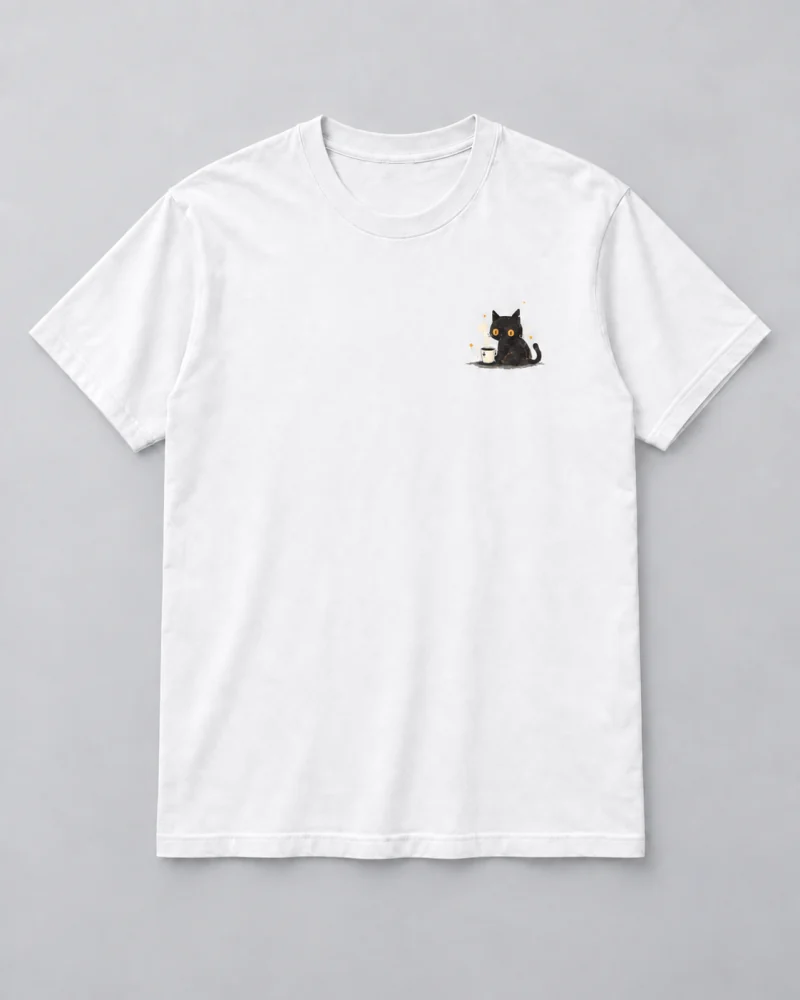 White cotton Quiet Coffee Cat Graphic T-Shirt