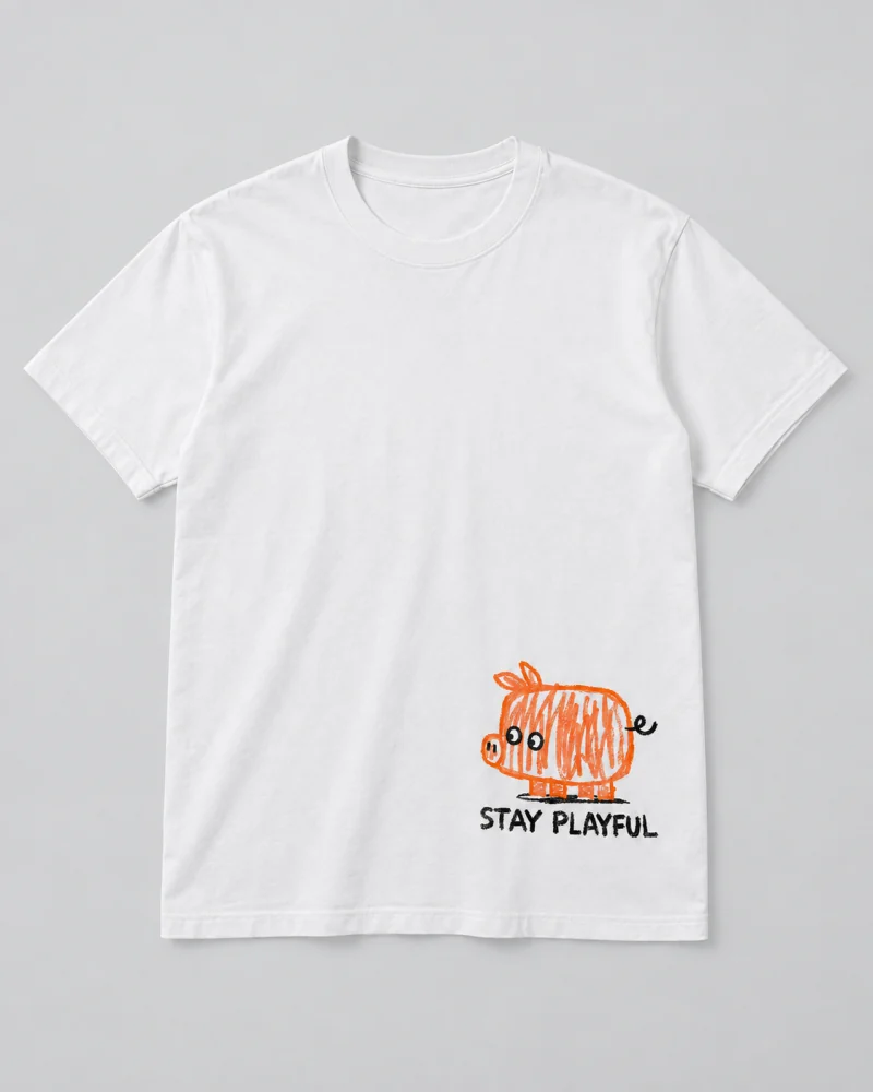 White cotton Stay Playful Pig Graphic T-Shirt
