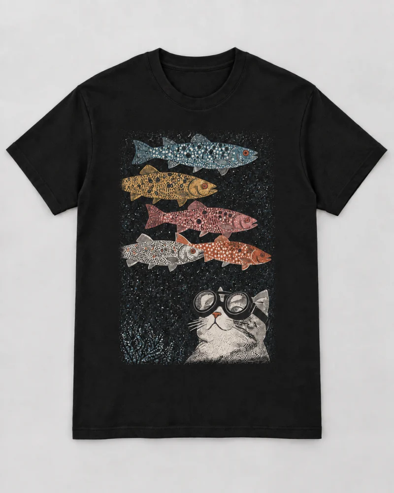 Black cotton Deep Water Daydream Cat Graphic T-Shirt