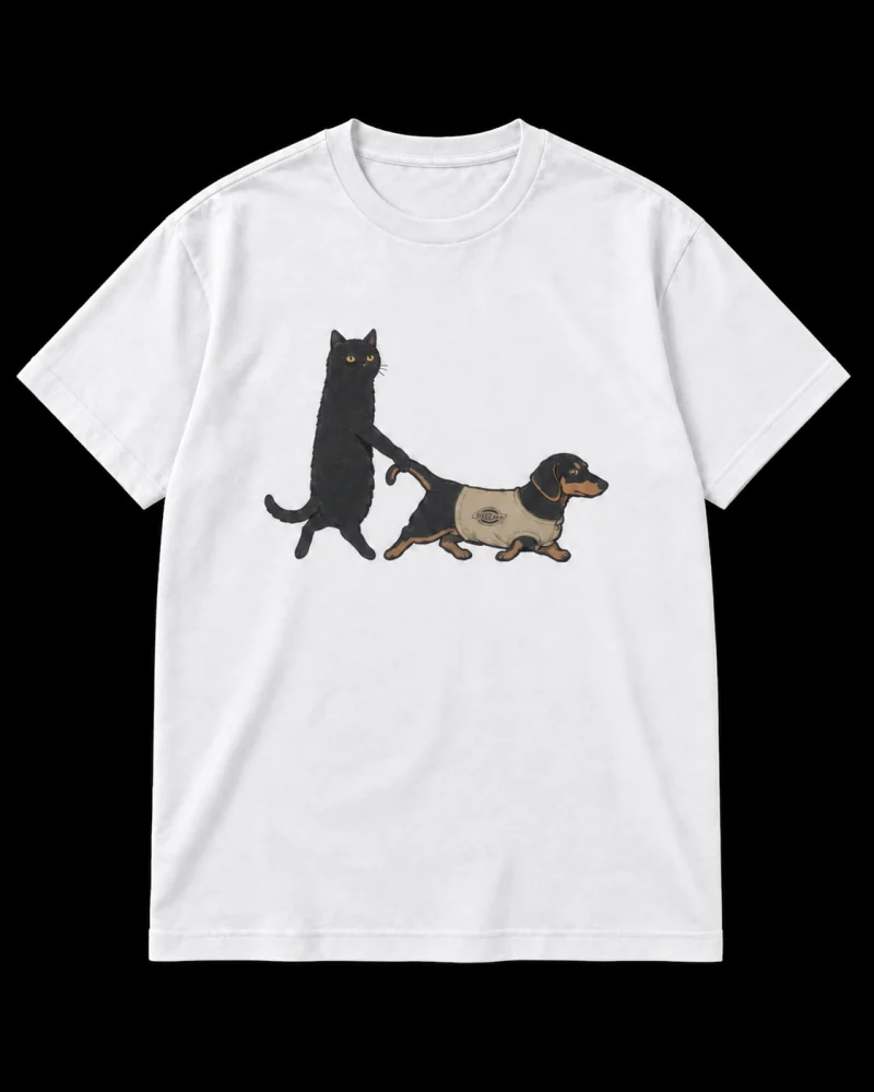 White cotton Cat and Dachshund Graphic T-Shirt