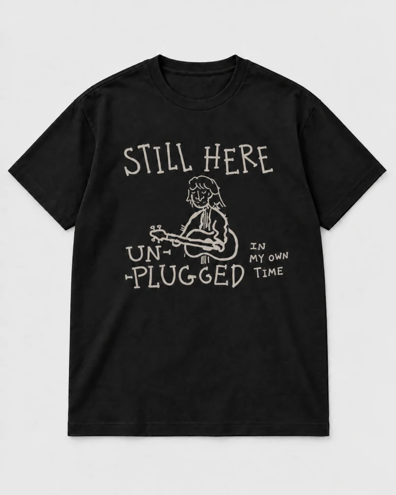 Black cotton Still Here Unplugged Guitar Graphic T-Shirt