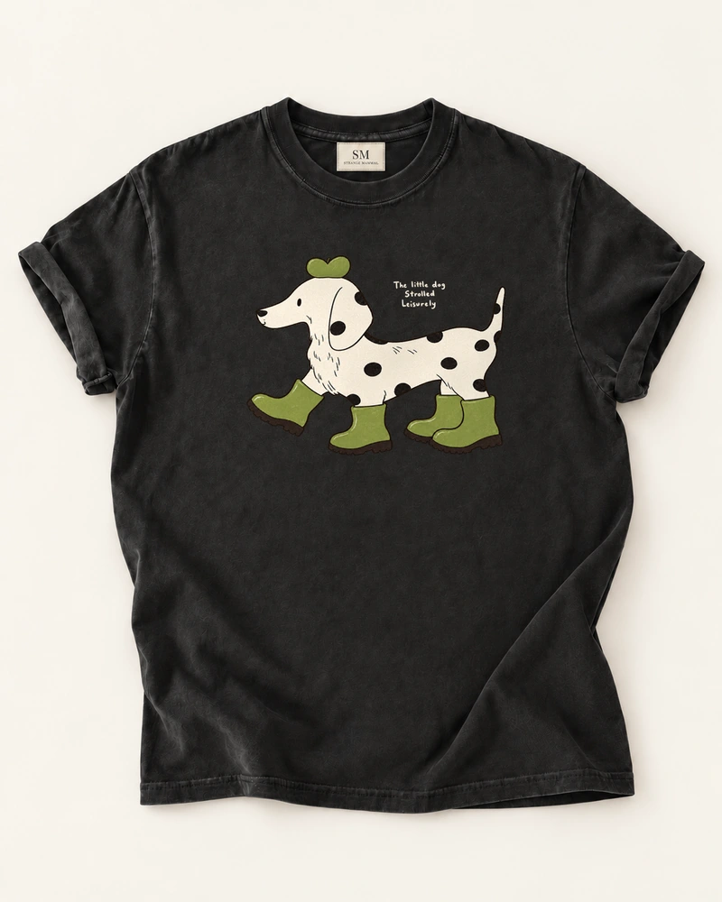 Leisurely Dog in Green Boots T-Shirt