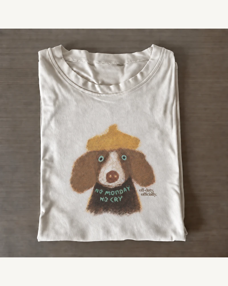 Folded white cotton T-shirt featuring Mondays? No, Thanks. Dog T-Shirt