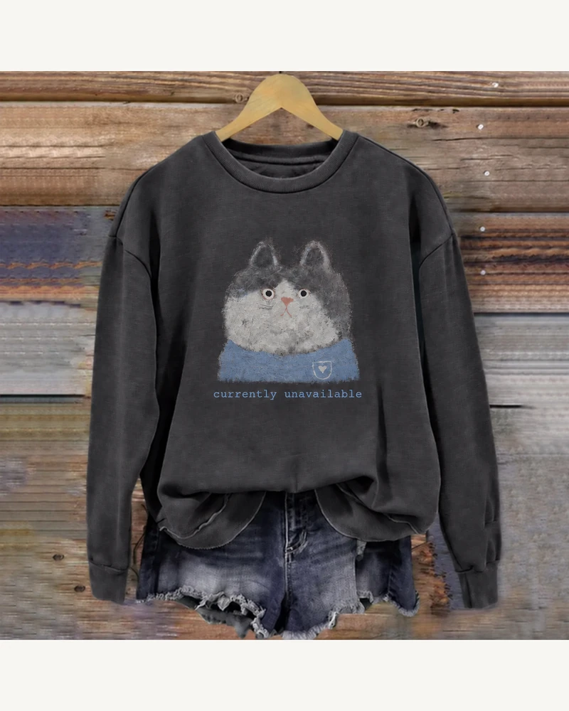 Black crewneck sweatshirt featuring Currently Unavailable Cat Sweatshirt