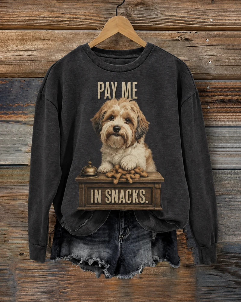 Pay Me in Snacks Dog Sweatshirt: charcoal crewneck sweatshirt on a wooden hanger with vintage-style animal artwork