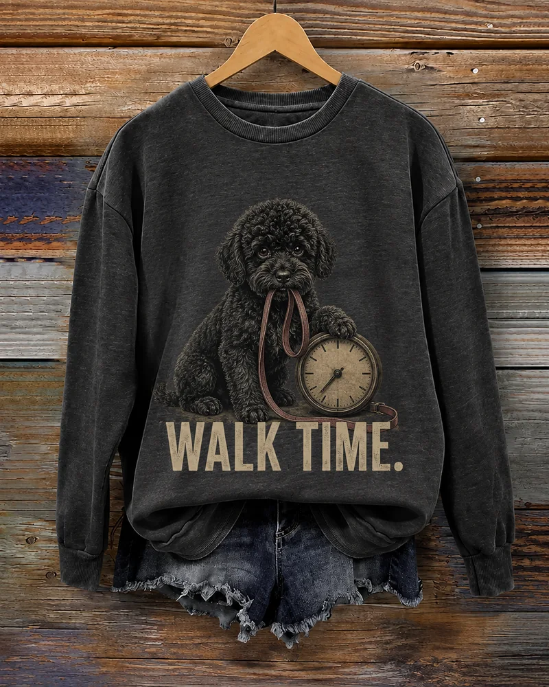Walk Time Curly Black Dog Sweatshirt: charcoal crewneck sweatshirt on a wooden hanger with vintage-style animal artwork