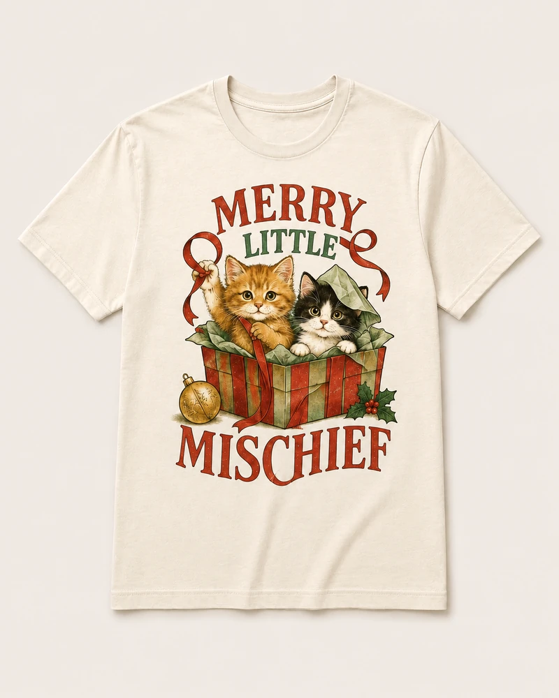 Two kittens peek out of a festive gift box with ribbons, holly and an ornament. Merry Little Mischief lettering completes this ivory Christmas graphic tee.