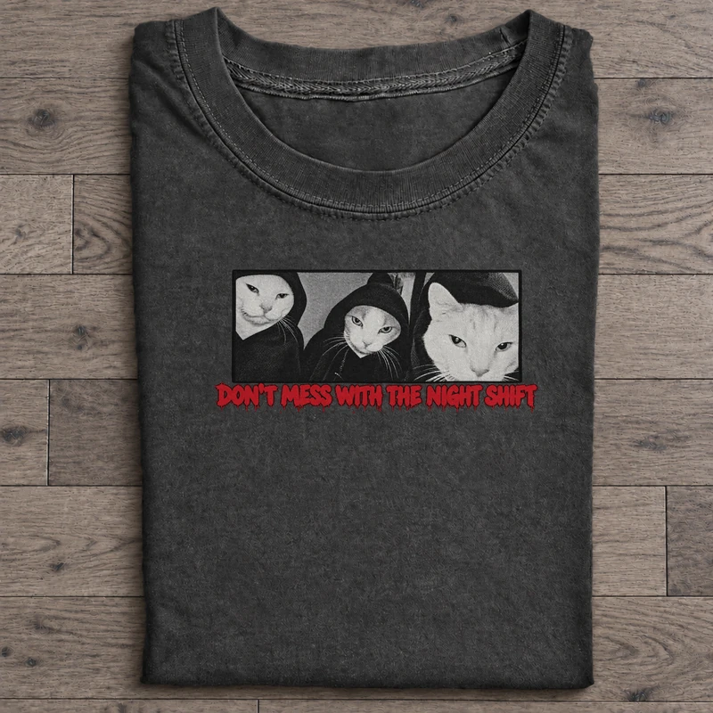 Night Shift Crew Graphic T-Shirt on washed-black cotton T-shirt