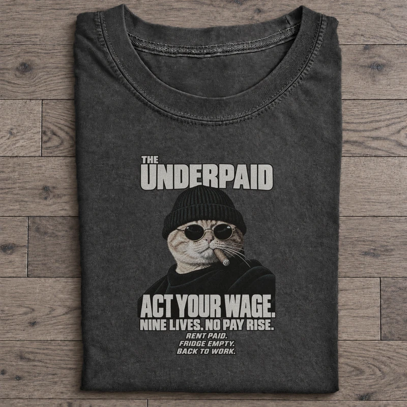 The Underpaid Graphic T-Shirt on washed-black cotton T-shirt