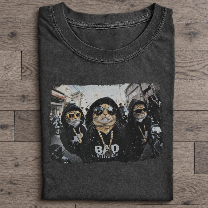 No Caption Cat Crew Graphic T-Shirt on washed-black cotton T-shirt
