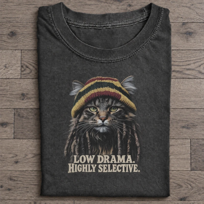 Low Drama Highly Selective Graphic T-Shirt on washed-black cotton T-shirt