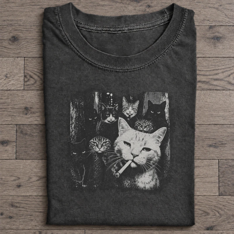 Silent Street Cat Crew Graphic T-Shirt on washed-black cotton T-shirt