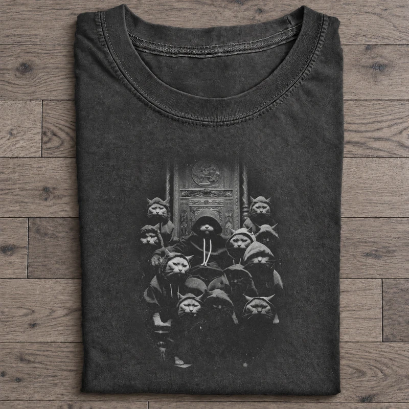 Cats Without Commentary Graphic T-Shirt on washed-black cotton T-shirt