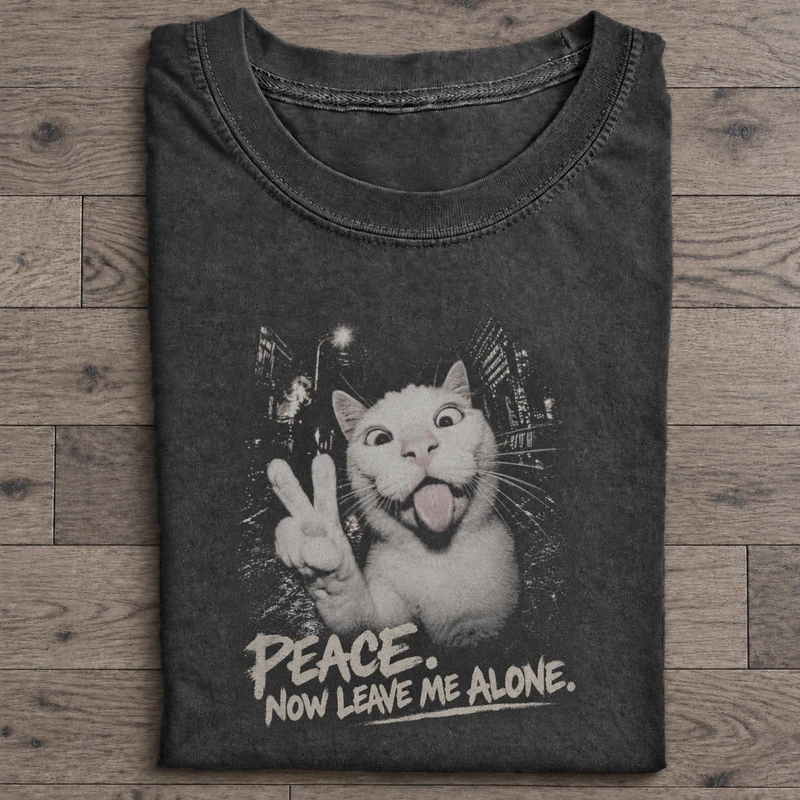 Peace Now Leave Me Alone Graphic T-Shirt on washed-black cotton T-shirt