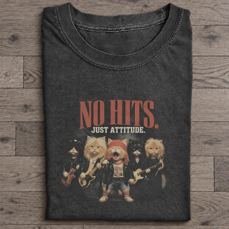 No Hits Just Attitude Graphic T-Shirt on washed-black cotton T-shirt