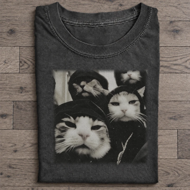 Four Cats One Frame Graphic T-Shirt on washed-black cotton T-shirt