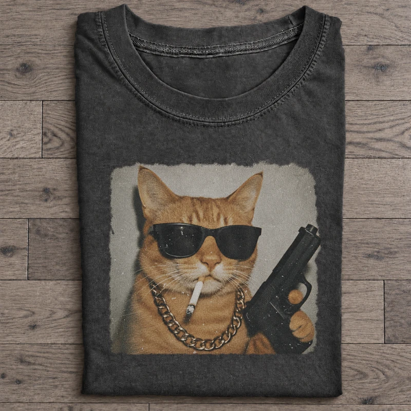 Quiet Cat Portrait Graphic T-Shirt on washed-black cotton T-shirt